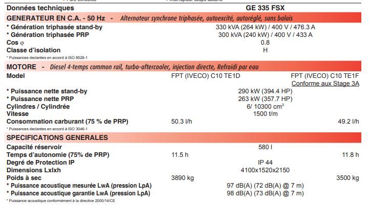 Groupe électrogène diesel super insonorisé MOSA GE 335 FSX - 300 kVA triphasé - moteur FPT (IVECO) avec AVR_2