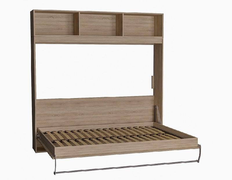 Lit escamotable STRADA-V2 - mélaminé chêne naturel - couchage 160 x 200 cm avec surmeuble 3 niches de rangement_2