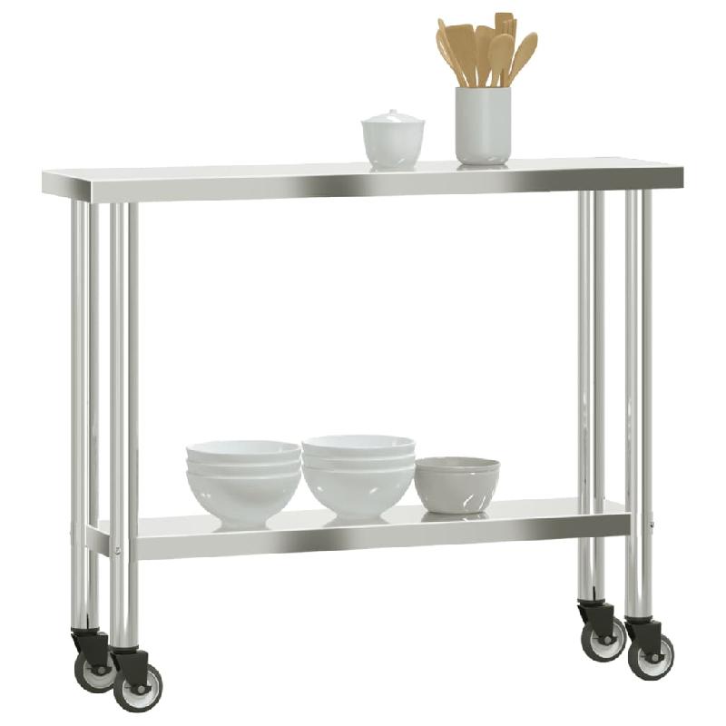 Vidaxl table de travail de cuisine avec roues 110x30x85 cm inox 376461_2