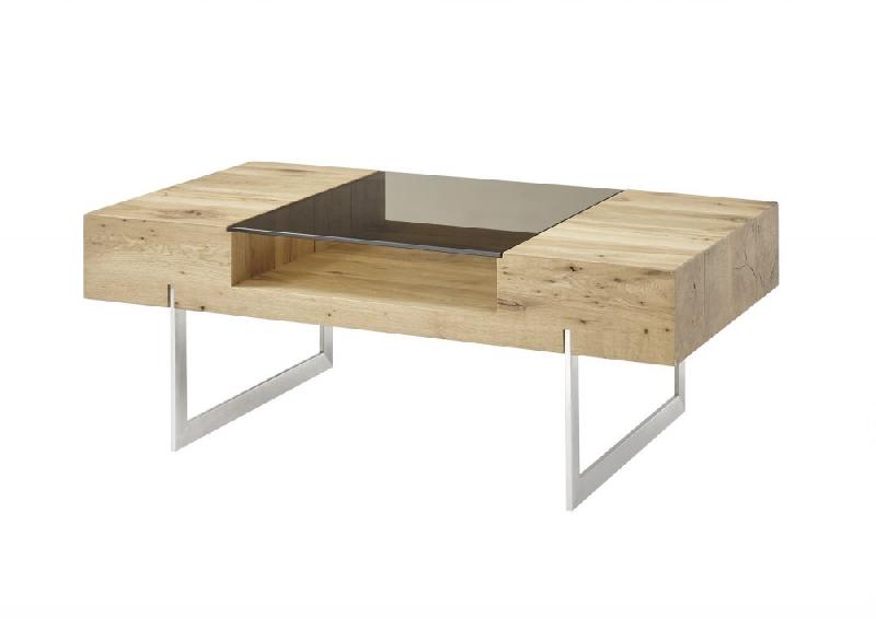 Table basse design Rewa - placage en chêne noueux huilé, plateau en verre teinté bronze et piètement en métal brossé_2