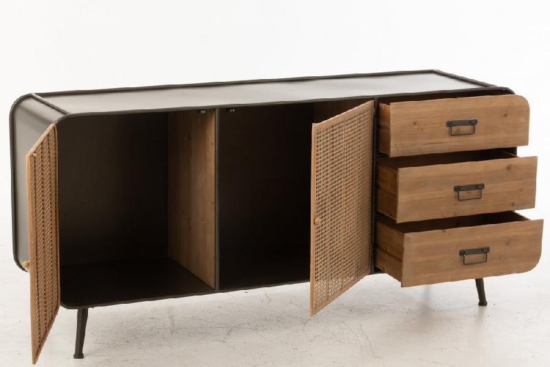 Buffet Tazzy - 2 portes quadrillées, 3 tiroirs en bois massif, métal - L145 x H78 x P45 cm_2