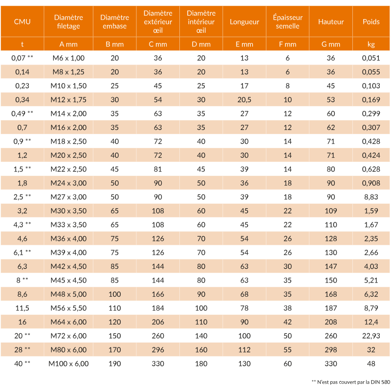 Anneau de levage mâle DIN 580 - REF : 41000 - Acier, capacité 0,07t à 40t, coefficient de sécurité 6_2