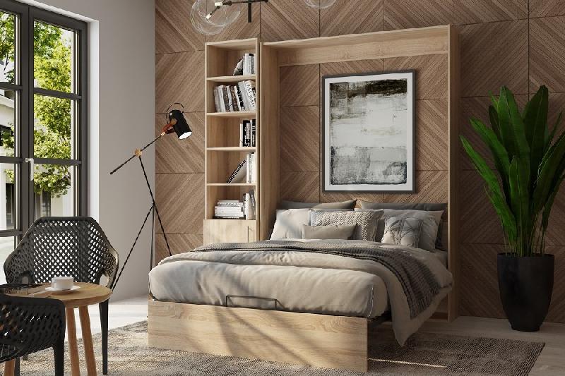 Composition lit escamotable Dynamo chêne - Couchage 140 x 200 cm avec colonne bibliothèque intégrée_2