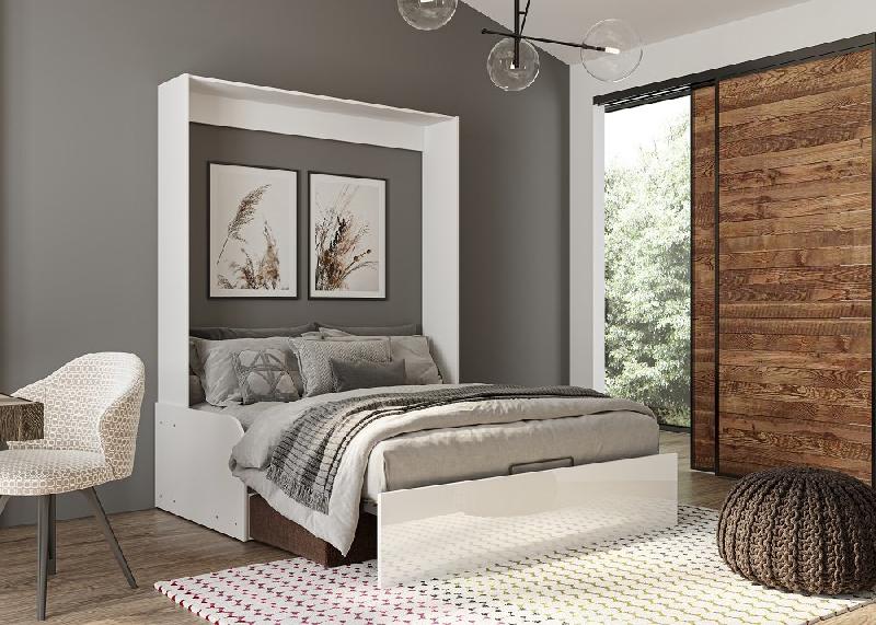 Armoire lit escamotable Dynamo Sofa - accoudoirs, façade blanc brillant et canapé marron - couchage 160x200 cm_2
