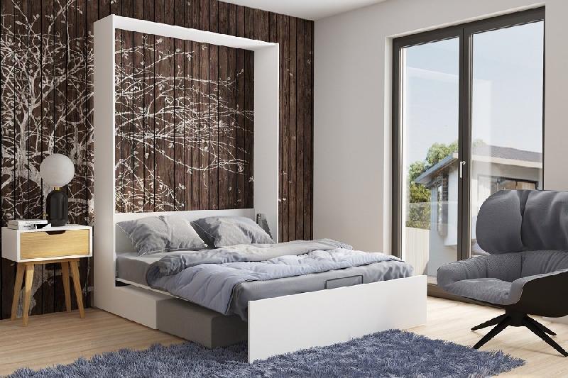 Armoire lit escamotable Dynamo Sofa - Canapé intégré blanc mat et microfibre gris - Couchage 140 x 200 cm_2