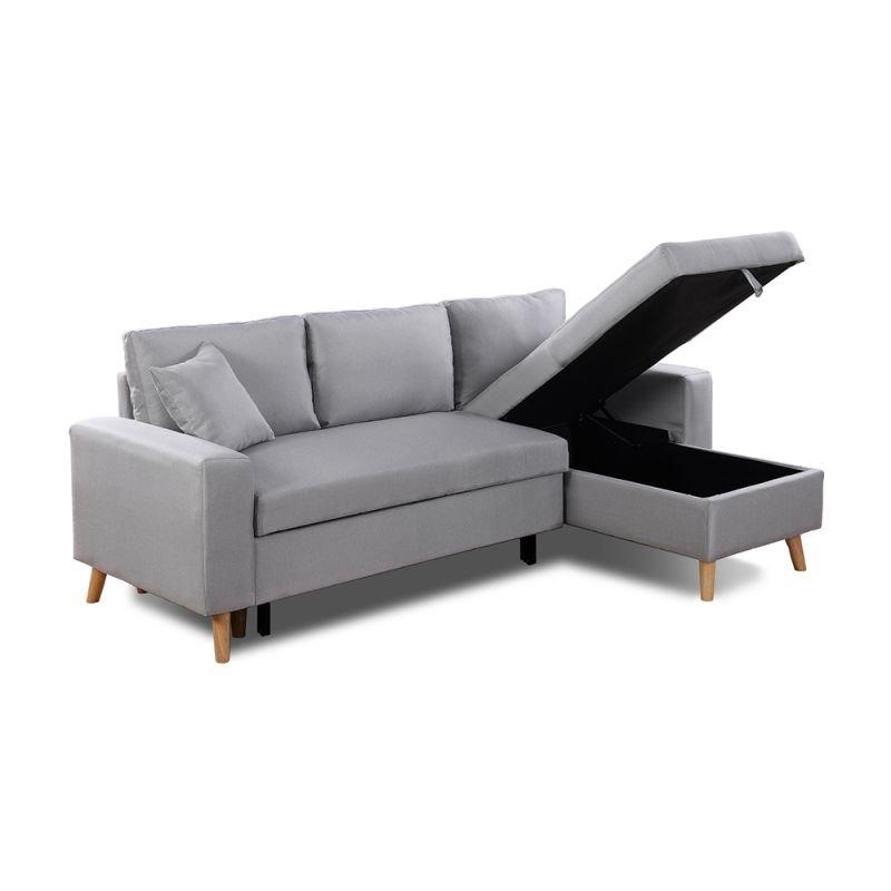 Canapé d'angle réversible convertible ARKO - tissu gris clair avec coffre de rangement et coussins d'appoint_2