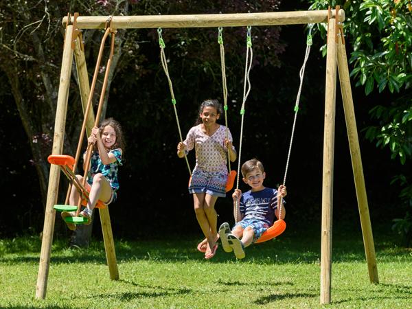 Darifou - portique bois 2,30 m avec 3 agrès pour 4 enfants, fabrication française, balançoires réglables_2