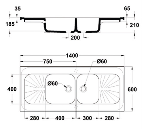 Évier 2 cuves avec 2 égouttoirs - 1400 x 600 x 900 mm - Réf ECEXX-4 - BIOLAB - Meuble de laboratoire_2