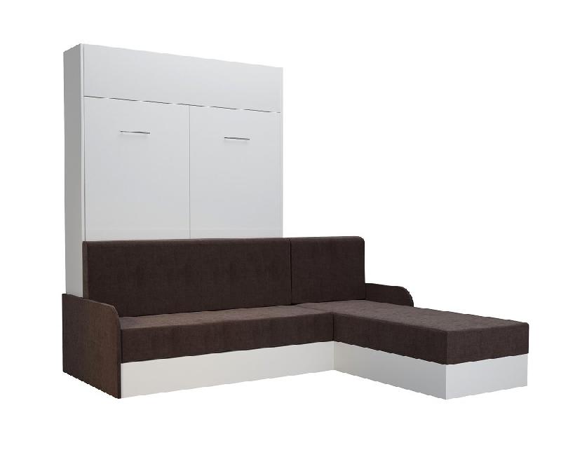 Lit escamotable DYNAMO SOFA - canapé angle méridienne réversible blanc avec accoudoirs tissu marron 140x200 cm_2