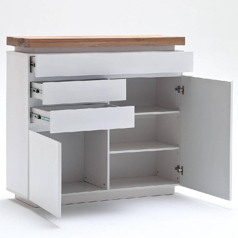 Buffet haut Romina - 2 portes, 3 tiroirs, laqué blanc mat, plateau chêne noueux huilé, avec LED intégrées_2