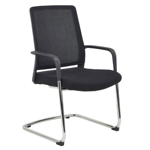 Chaise visiteur Edwin Sitek neuf - dossier ergonomique en filet noir - assise en tissu noir - structure en acier chromé - produit haut de gamme_2