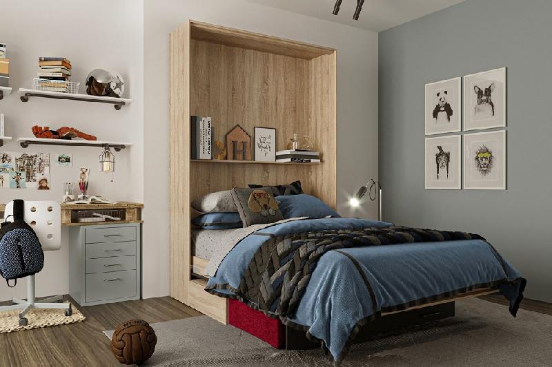 Lit escamotable style industriel KEY SOFA - Chêne, bandeau noir, canapé rouge - Couchage 140x200 cm avec tiroirs de rangement_2