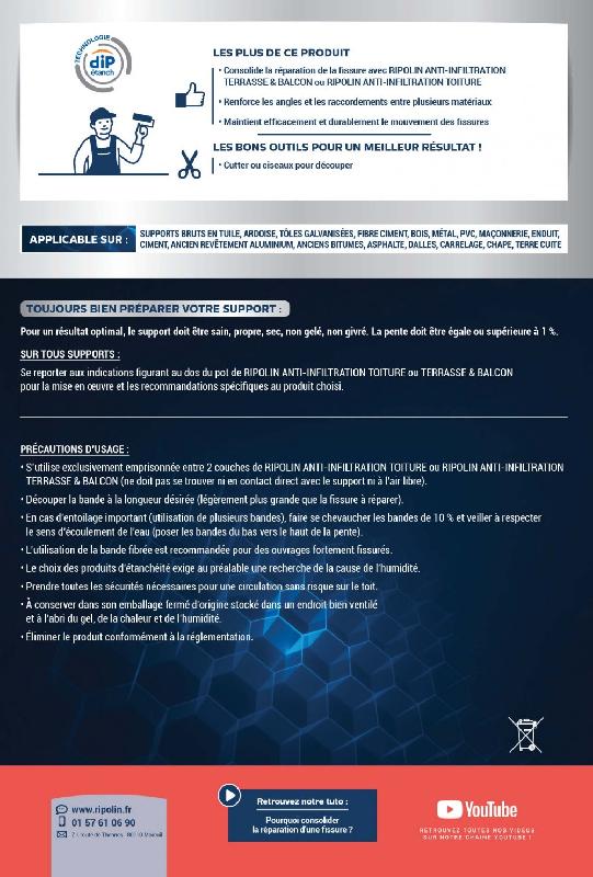 Revêtement d'étanchéité toiture - RIPOLIN bande fibrée blanc - 10m x 9cm - Consolide les fissures de 0,2mm à 2mm_2