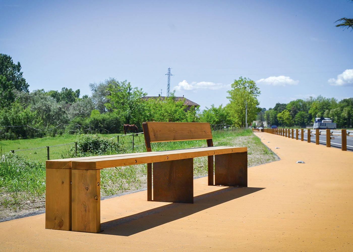 Banc public Gavarres UM311RD - acier Corten 8mm et lattes en bois traité classe IV_2