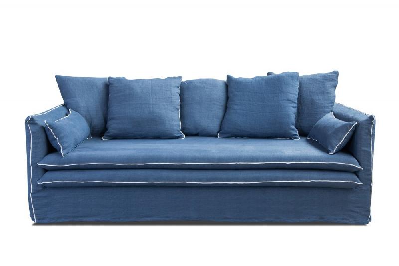 CARTAGENE - Canapé fixe 2 places en lin bleu déhoussable - 178 cm - Design épuré et haut de gamme_2