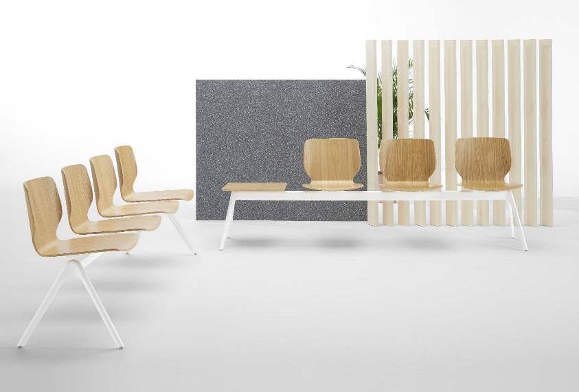 Banc poutre confortable pour salle d'attente, coque en hêtre ou chêne