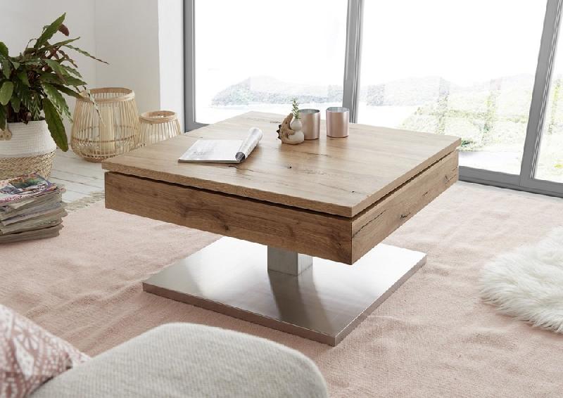 Table basse Monroe - plateau pivotant en placage chêne noueux - piétement métal inox brossé_2