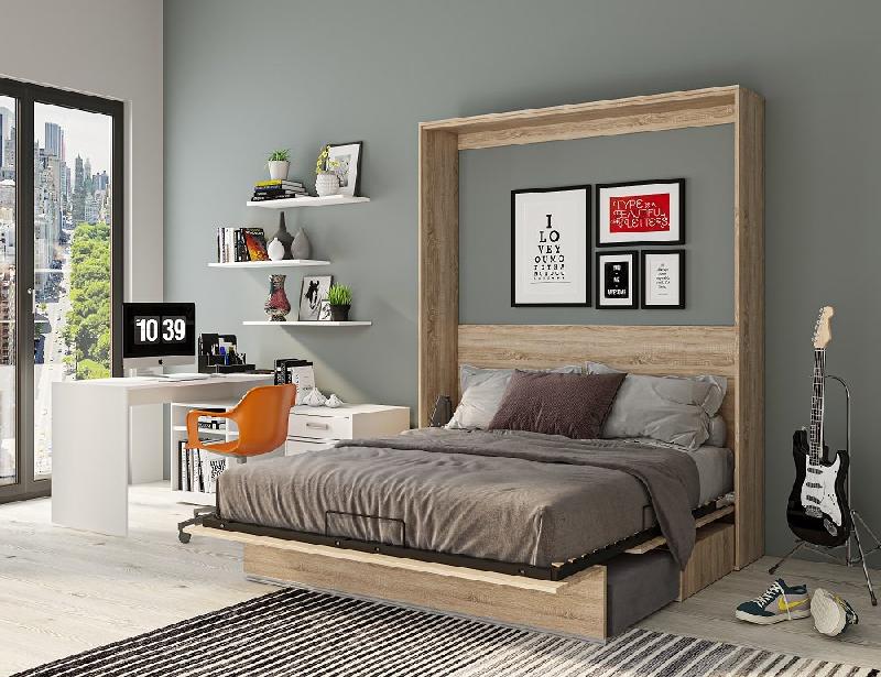 Armoire lit escamotable Genius Sofa - Chêne et canapé gris - Couchage 160x200 avec sommier à lattes_2