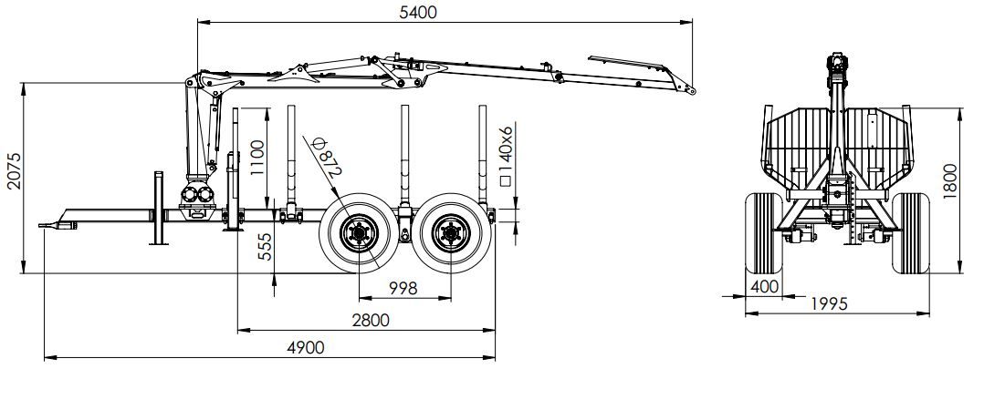 Modèle de remorque forestière avec longueur de chargement de 2800 mm