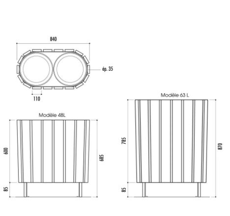 Corbeille Vigo Bi Flux en bois exotique traité - 2 x 48L ou 2 x 63L - avec ou sans couvercle_2