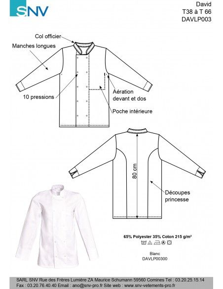 Davlp00300 - Veste de cuisine SNV - Manches longues - Taille 38 à 66 - Poly/coton uni 215 grs_2