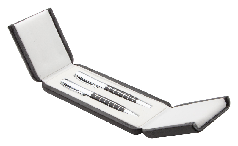 Parure stylo à bille en métal - parties chromées brillantes - avec boîte cadeau en PU - encre bleue - marque André Philippe_2