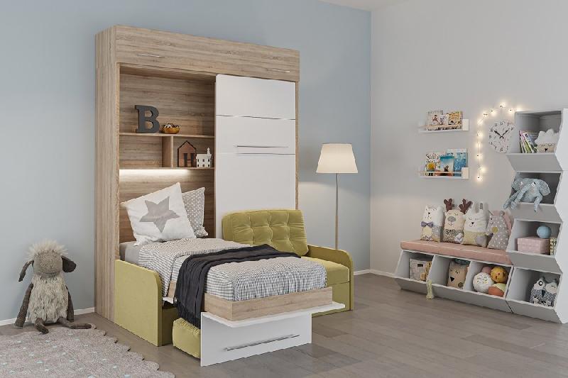 DUO SOFA - Armoire lit escamotable avec canapé moutarde - 2 lits indépendants 90x200 - Structure chêne, façade blanche_2