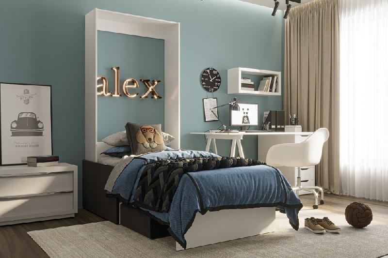 Armoire lit escamotable Dynamo Sofa - Blanc avec canapé tissu anthracite et accoudoirs - Couchage 90x200 cm_2