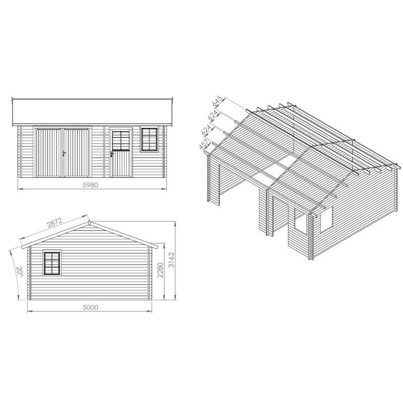 Garage simple bois / 30 m² / toit double pente / porte battante / 5.98 x 5 x 3.1 m_2