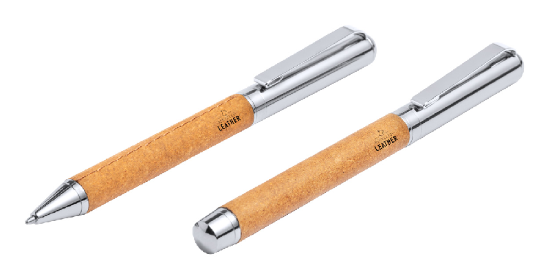 Parure - Stylo bille et roller en métal avec cuir recyclé - Encre bleue - Livrés dans une boîte en papier kraft_2