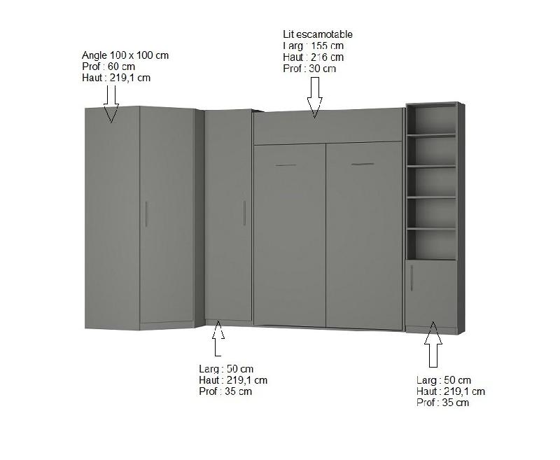 Composition lit escamotable Dynamo gris mat 140 x 200 cm - 2 colonnes rangements + angle - système ouverture assistée_2