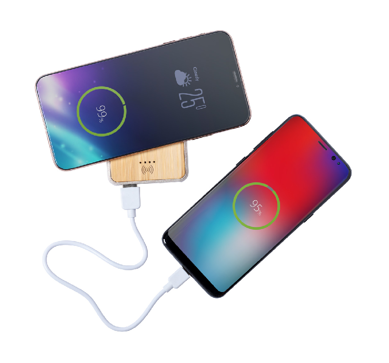 Powerbank USB en bambou et plastique de paille de blé - Batterie 5000 mAh avec chargeur sans fil intégré et 2 ports USB_2