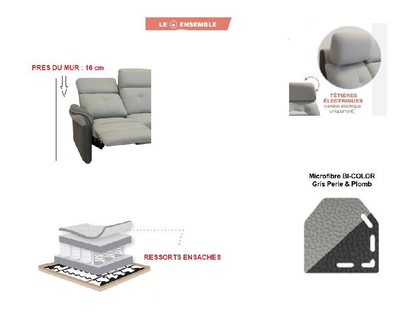 Canapé relax 2 places électrique GELLIN - Microfibre bi-color gris perle et plomb - Têtières électriques synchronisées_2