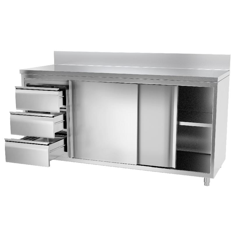Meuble bas inox adossé P 600 mm avec portes et tiroirs - 1800, A gauche_2