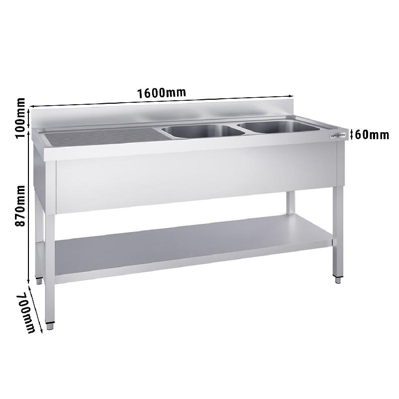 Plonge inox 2 bacs avec égouttoir et étagère - P 700 mm - 1600 mm bac à droite_2
