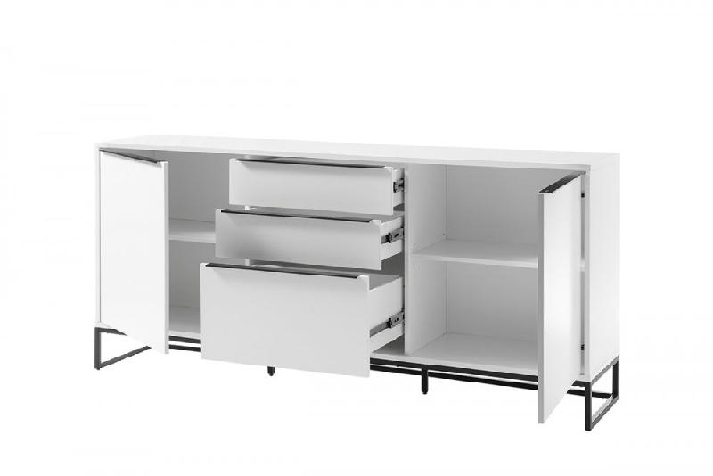 Buffet LUARD blanc laqué mat - 2 portes, 3 tiroirs - Piétement métal noir - Design moderne_2