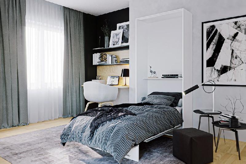 Lit escamotable LOFT blanc - Façade gris béton - Couchage 90 x 200 cm avec système à vérins_2