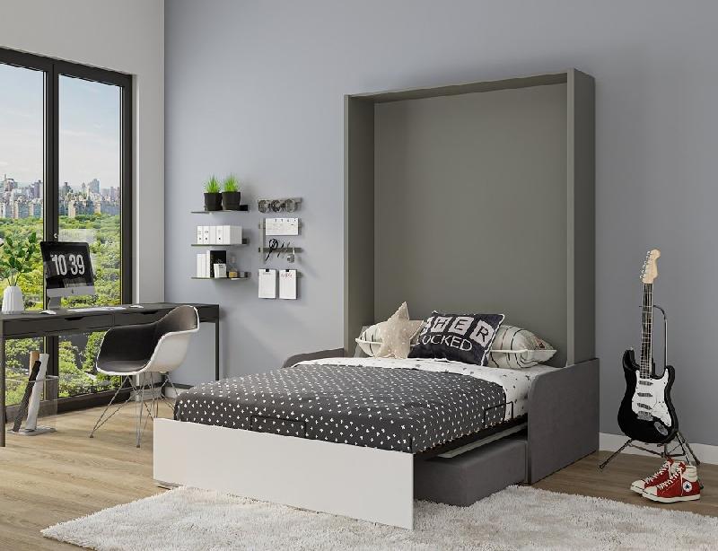 Armoire-lit escamotable ALADYNO SOFA - Canapé gris 160x200 cm - Bandeau blanc, fabrication européenne_2