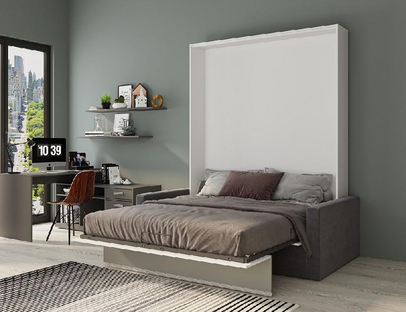 Armoire lit escamotable DJUKE SOFA - Blanc mat avec bandeau gris - Canapé gris intégré 160x200 cm_2