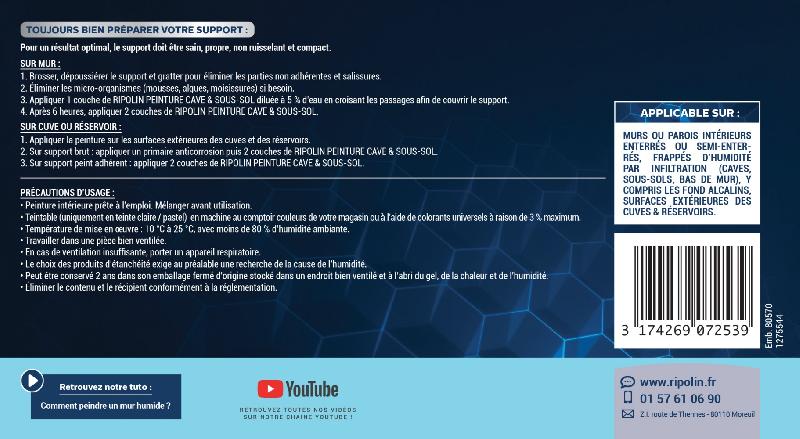 Peinture cave et sol RIP Etanch - RIPOLIN blanc - 2.5 L, résiste à 5 bars, micro-organismes et suintement_2