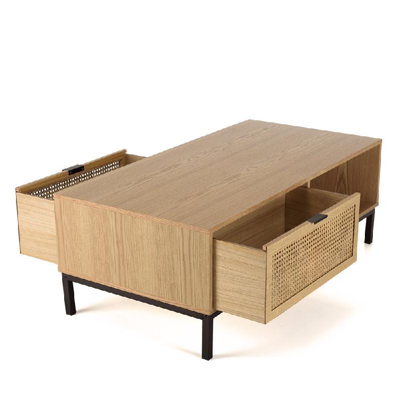 Table basse MARCI - 1 niche, 2 tiroirs avec cannage naturel et structure métal noir_2
