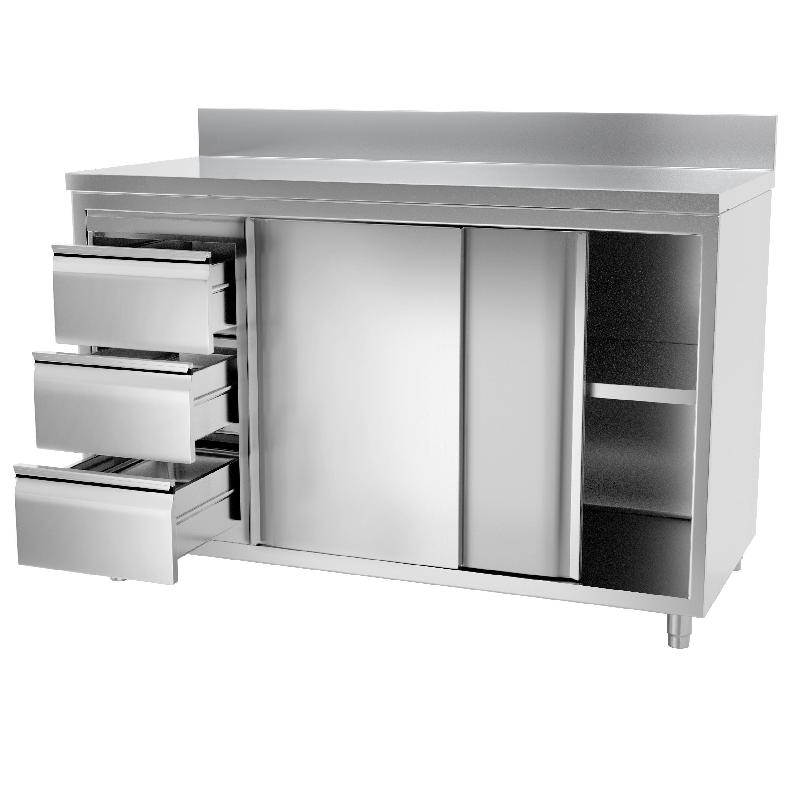 Meuble bas inox adossé P 600 mm avec portes et tiroirs - 1400, A gauche_2