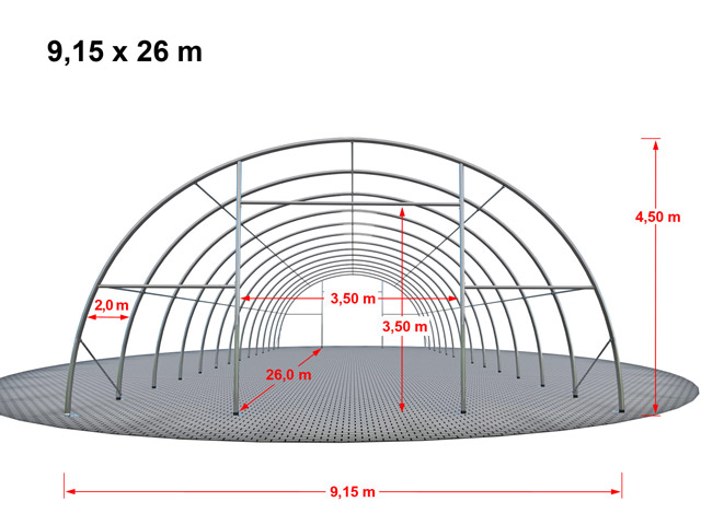 Tunnel de stockage 26 x 9,15 x 4,5 m - structure en acier galvanisé - couverture PVC 720 g/m² gris - porte, pignon et fenêtre inclus_2