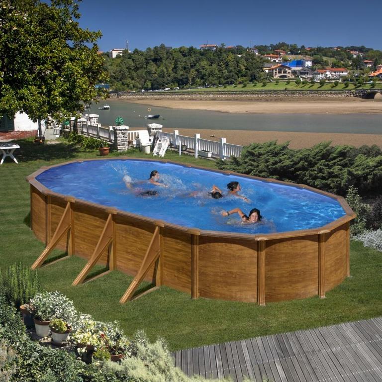 Piscine ovale acier 7,44m x 3,99m x h: 1,22m - imitation bois - filtration à sable - renforts apparents_2