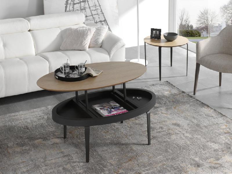 Table basse relevable ovale Swing 115x65cm - chêne, pied métal noir, design industriel avec rangement_2
