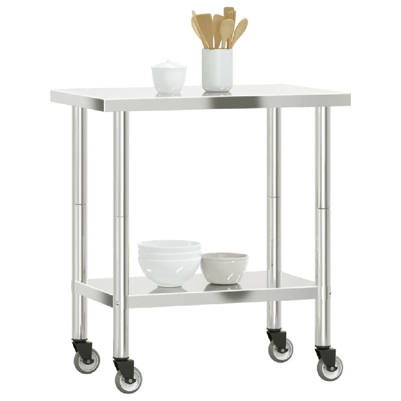 Vidaxl table de travail de cuisine avec roues 82,5x55x85 cm inox 376463_2