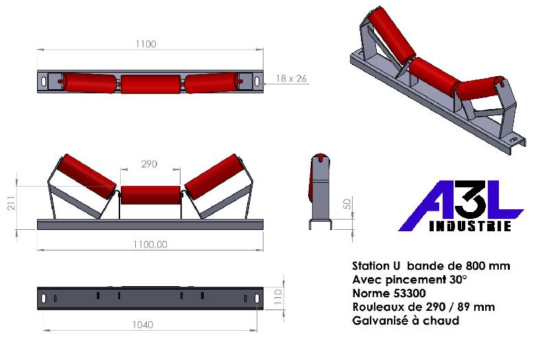 Support de rouleaux pour convoyeur à bande - 3 rouleaux inclinés - Plusieurs dimensions et finitions disponibles_2