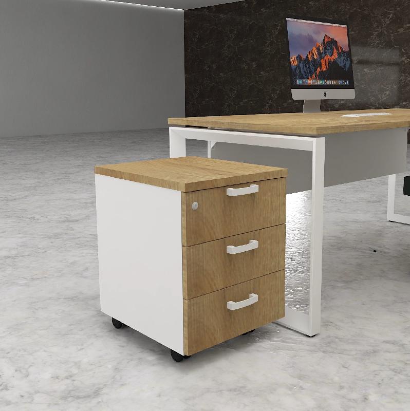 Caisson mobile 3 tiroirs classiques bicolore - MobelLinea - Blanc pastel, Chêne veiné_2