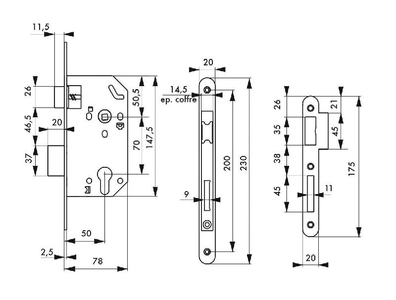 Serrure encastrable Monomax NF - têtière noire, coffre acier embouti, demi-tour réversible - pour porte d'entrée_2