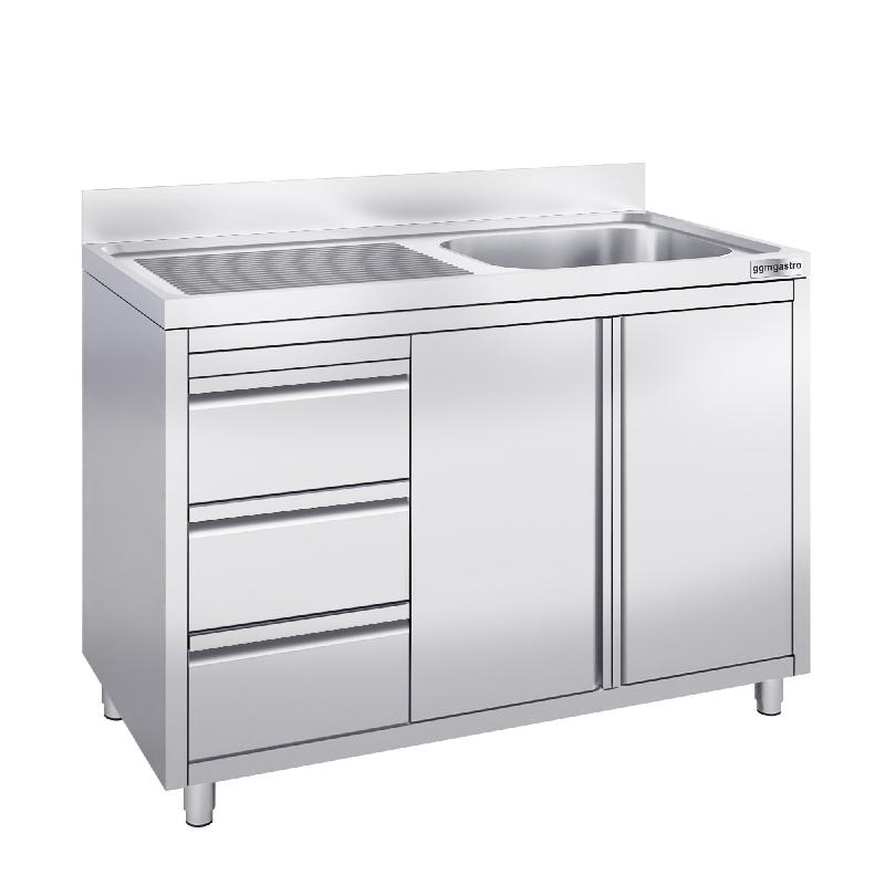 Plonge inox 1 bac à droite et égouttoir sur placard avec 3 tiroirs - 1200 x 600 mm_2
